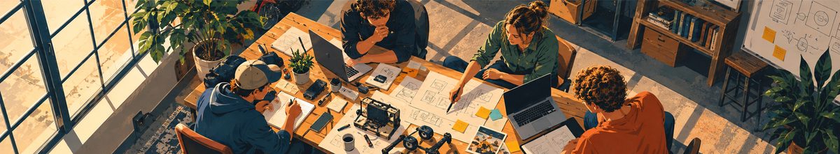 A team works around a table covered in plans, laptops, and prototype hardware