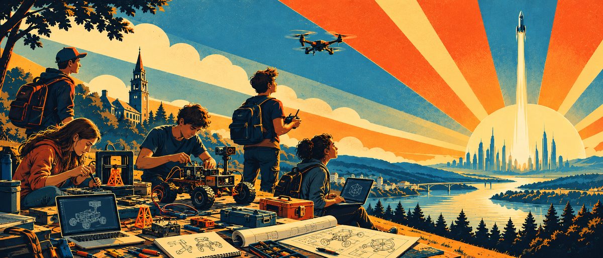 Retro poster illustration of young builders with laptops, backpacks, a 3D printer, a robot rover and a drone on a hillside above a river valley, with a rocket launching over a city skyline under orange and blue sunburst rays.