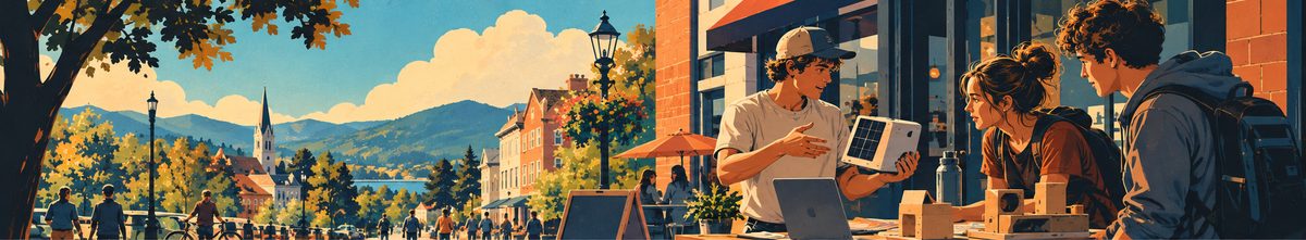 A young founder shows a prototype to two people at a cafe table on a small-town street
